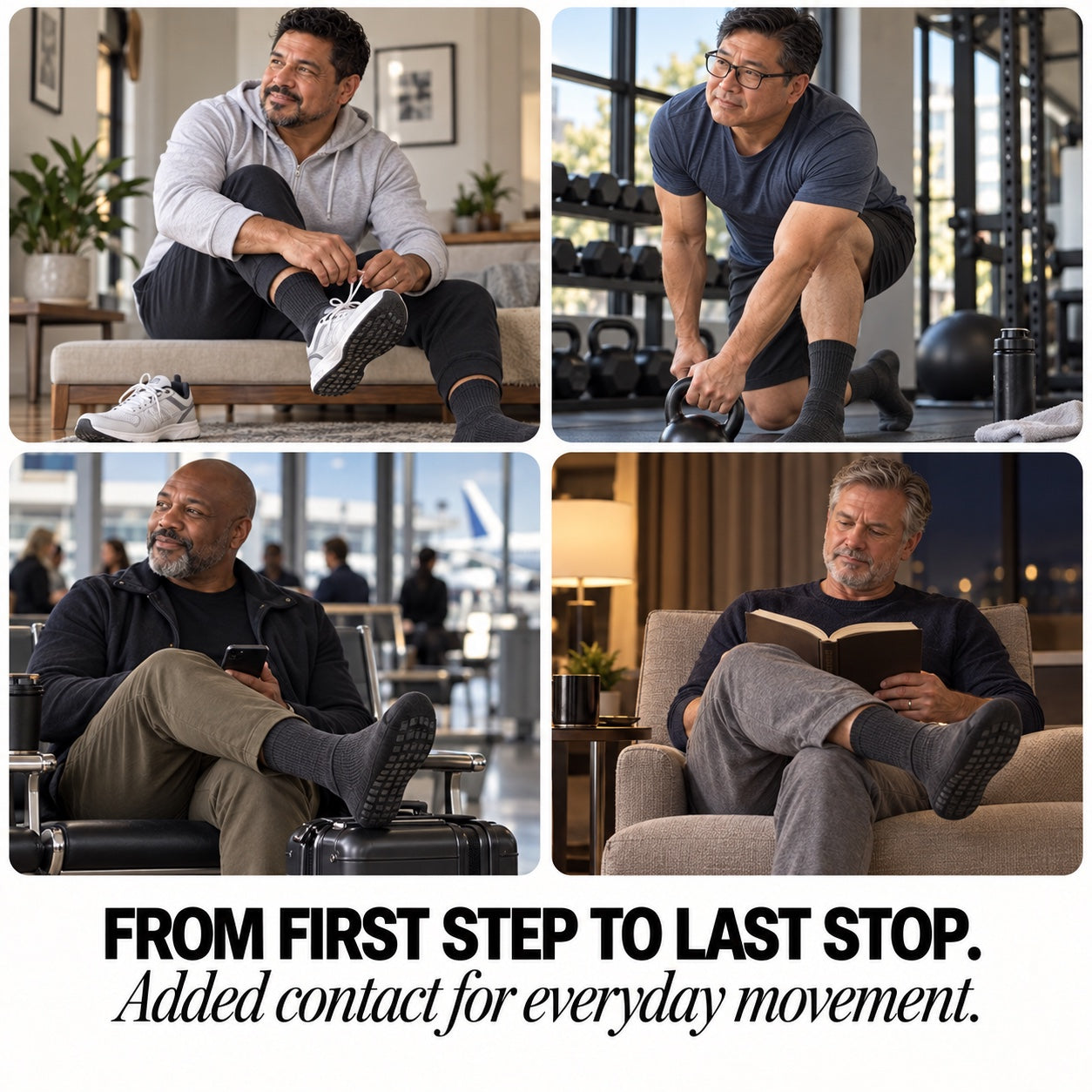 Four realistic men wearing DEFYNMEN grip crew socks across sneaker training travel and home routines