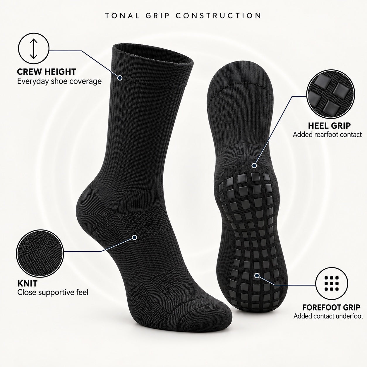 Close technical view of the DEFYNMEN crew sock and tonal sole grip pattern