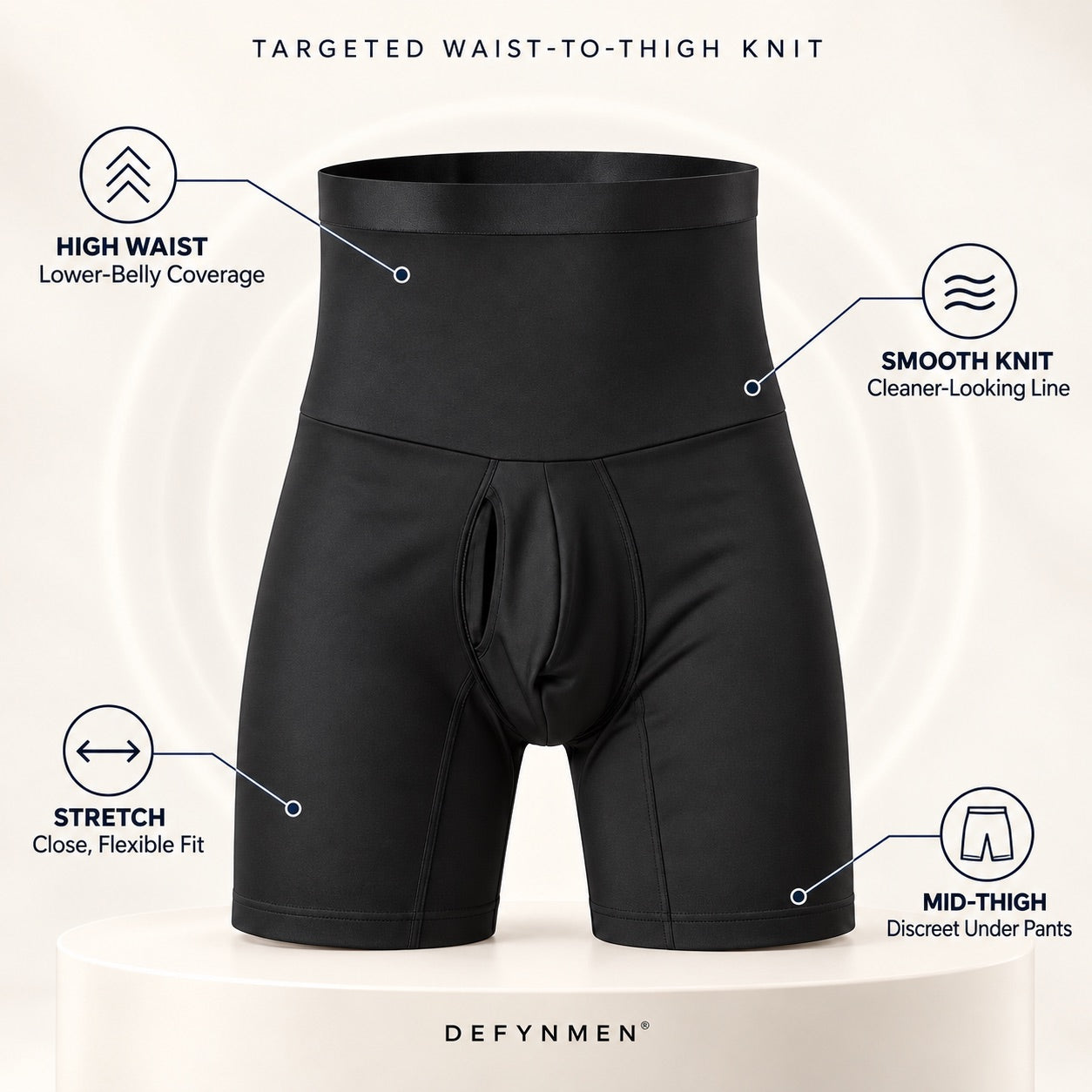 Technical view of the DEFYNMEN high-waist shaping short