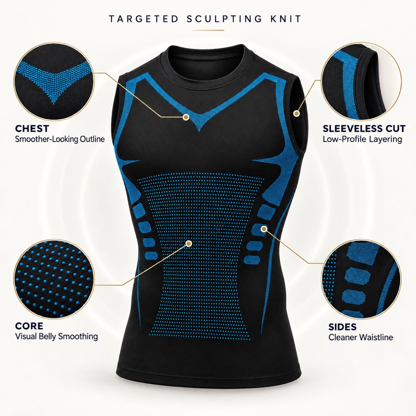 Close product view of DEFYNMEN targeted knit and sleeveless construction
