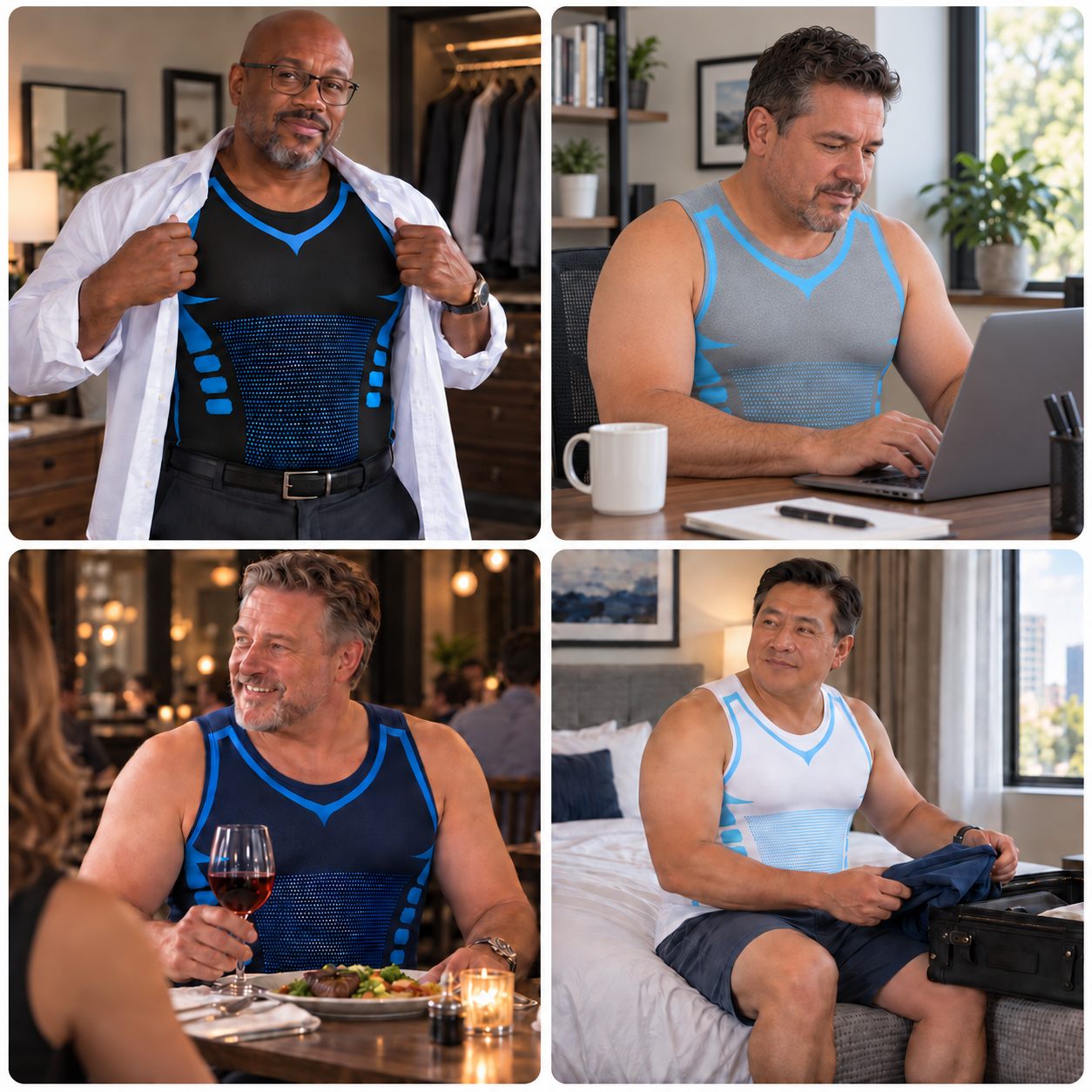 Four realistic American men in varied work, dinner, and travel settings wearing black, gray, navy, and white DEFYNMEN sleeveless tanks