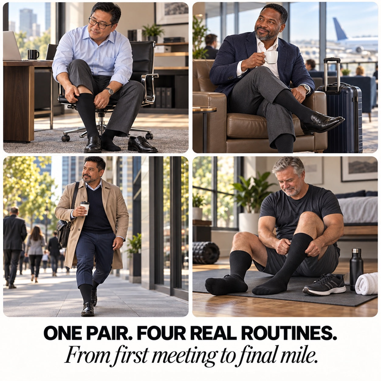 Four realistic men wearing DEFYNMEN knee-high support socks across office travel commute and training routines