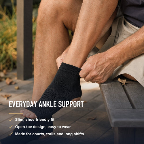 Man wearing the DEFYNMEN Ankle Support Sleeves with key benefits