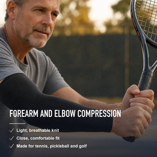 Man wearing the DEFYNMEN Arm Compression Sleeves with key benefits