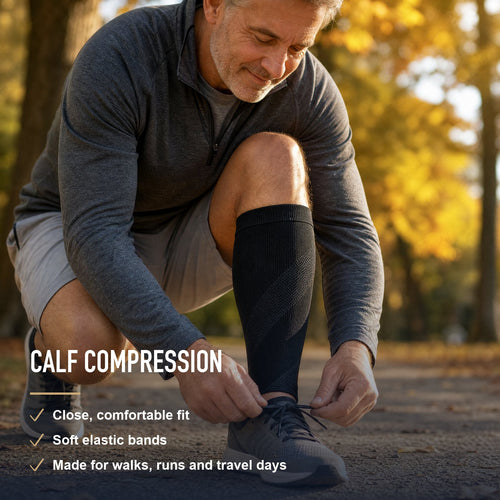 Man wearing the DEFYNMEN Calf Compression Sleeves with key benefits