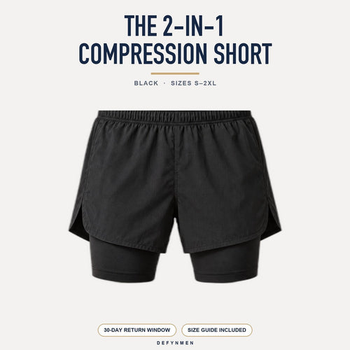 DEFYNMEN 2-in-1 Compression Short: men's black 2-in-1 compression shorts with fitted liner