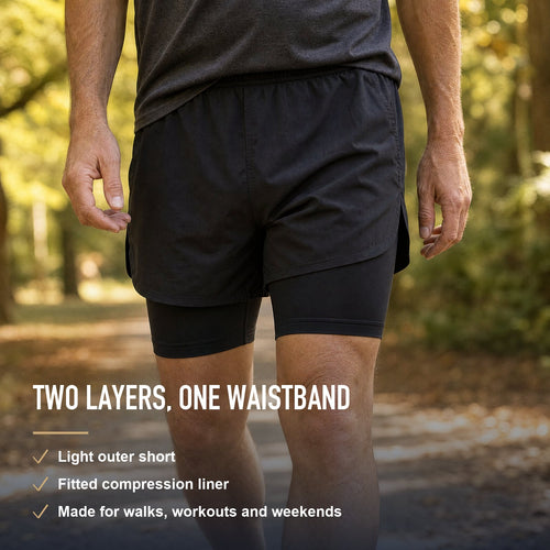 Man wearing the DEFYNMEN 2-in-1 Compression Short with key benefits