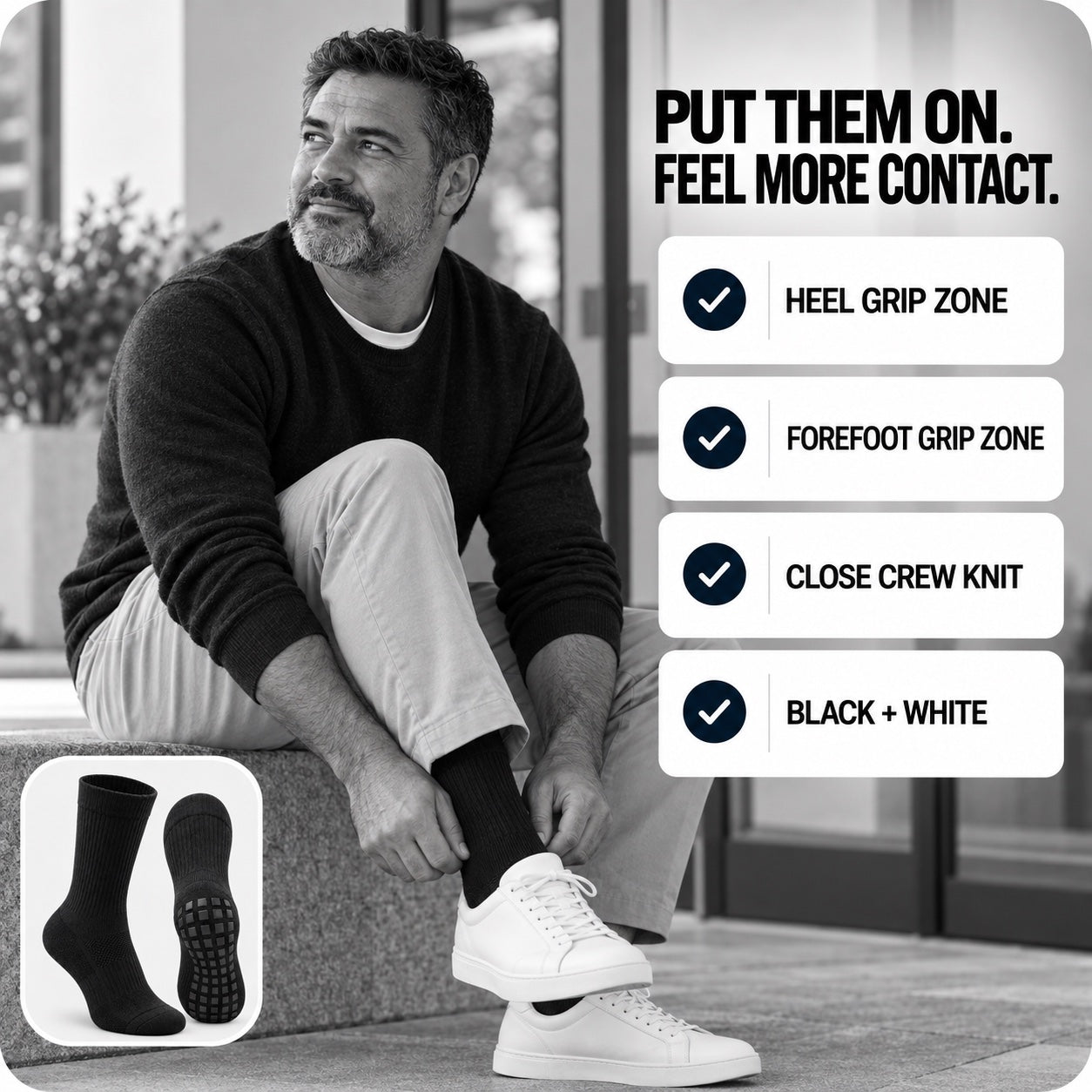 Mature American man beside four grip sock benefits