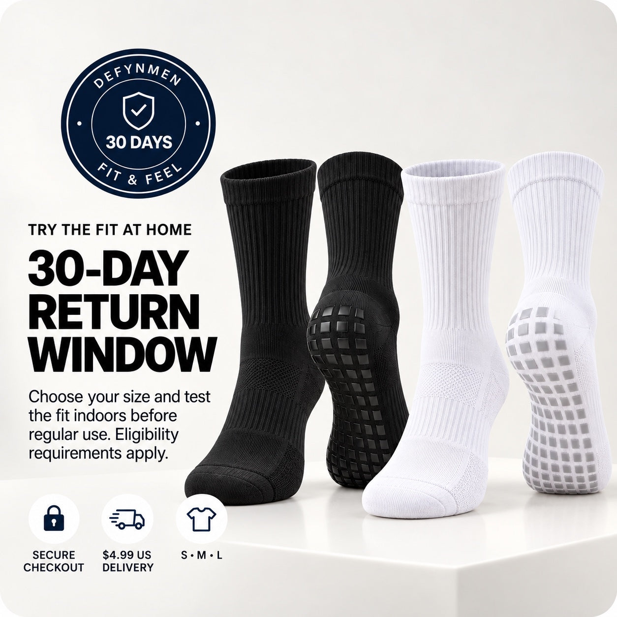Black and white DEFYNMEN grip socks beside 30-day return-window information