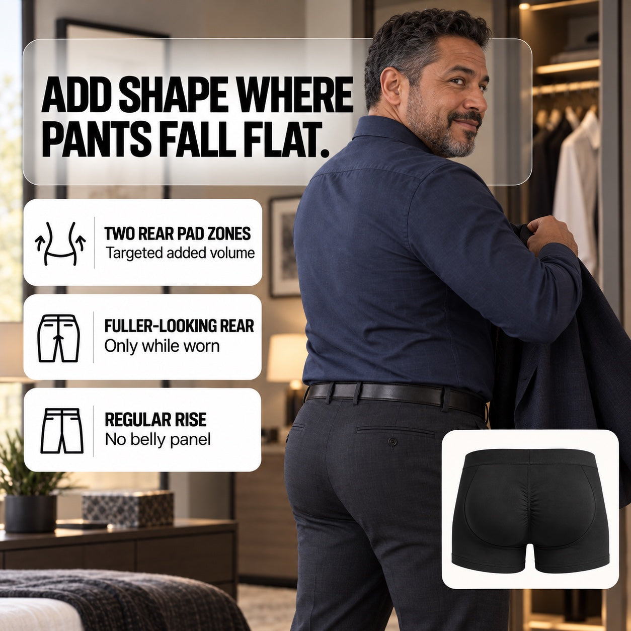 Fully dressed man beside three targeted Lift Boxer benefits