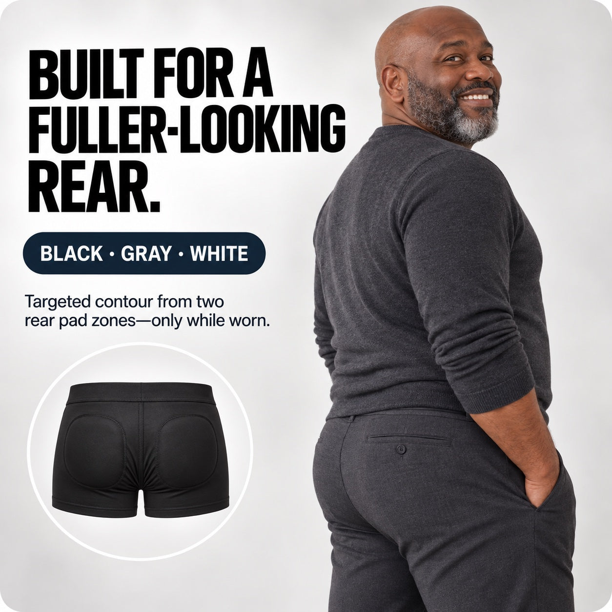 Real fully dressed man wearing the Lift Boxer beneath pants