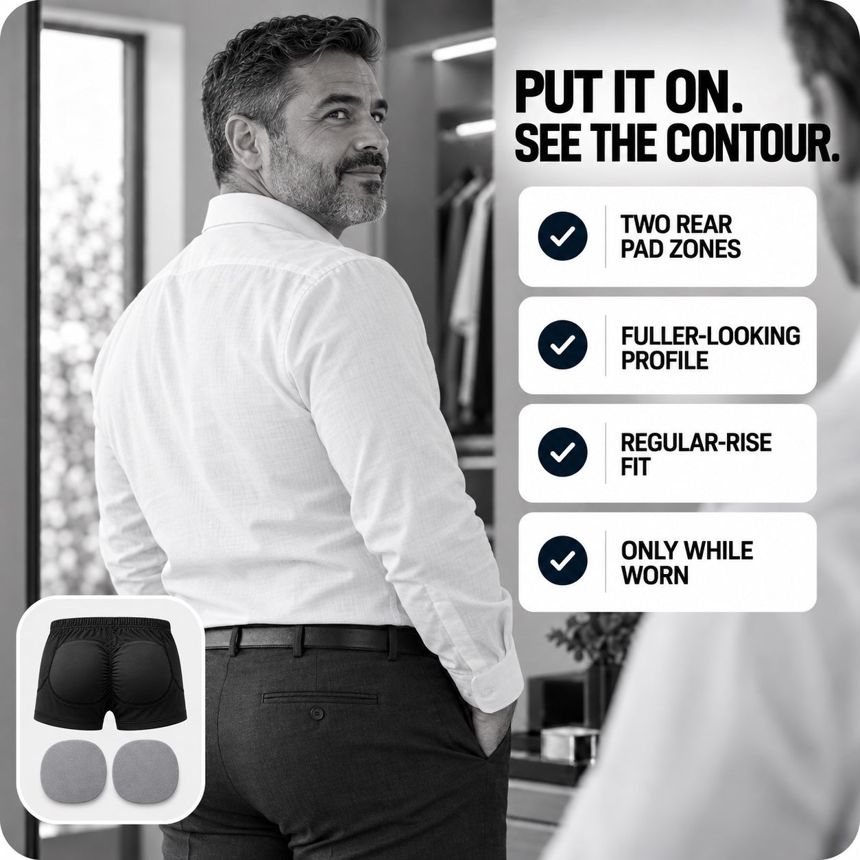 Mature fully dressed American man beside four Lift Boxer benefits
