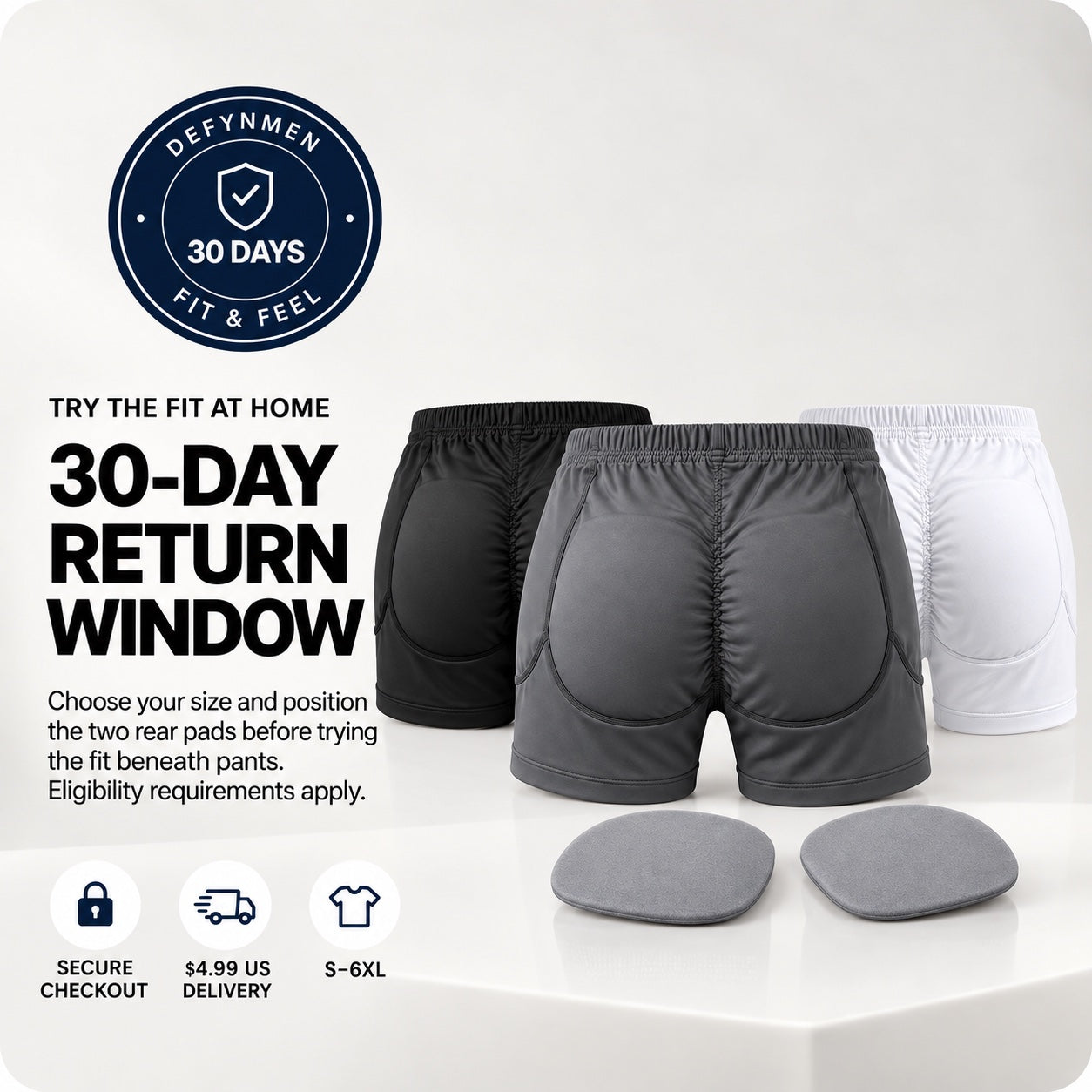 Three DEFYNMEN Lift Boxer colors and contour pads beside 30-day return-window information