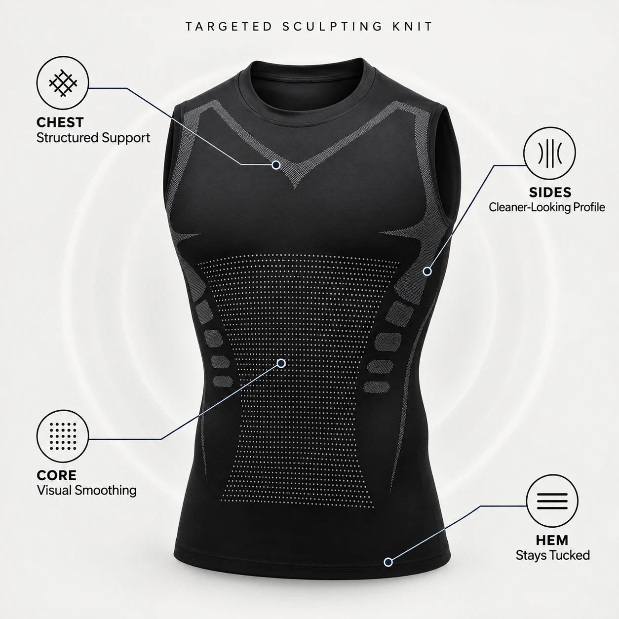 Technical map of the DEFYNMEN Classic undershirt chest, core, side, and hem construction