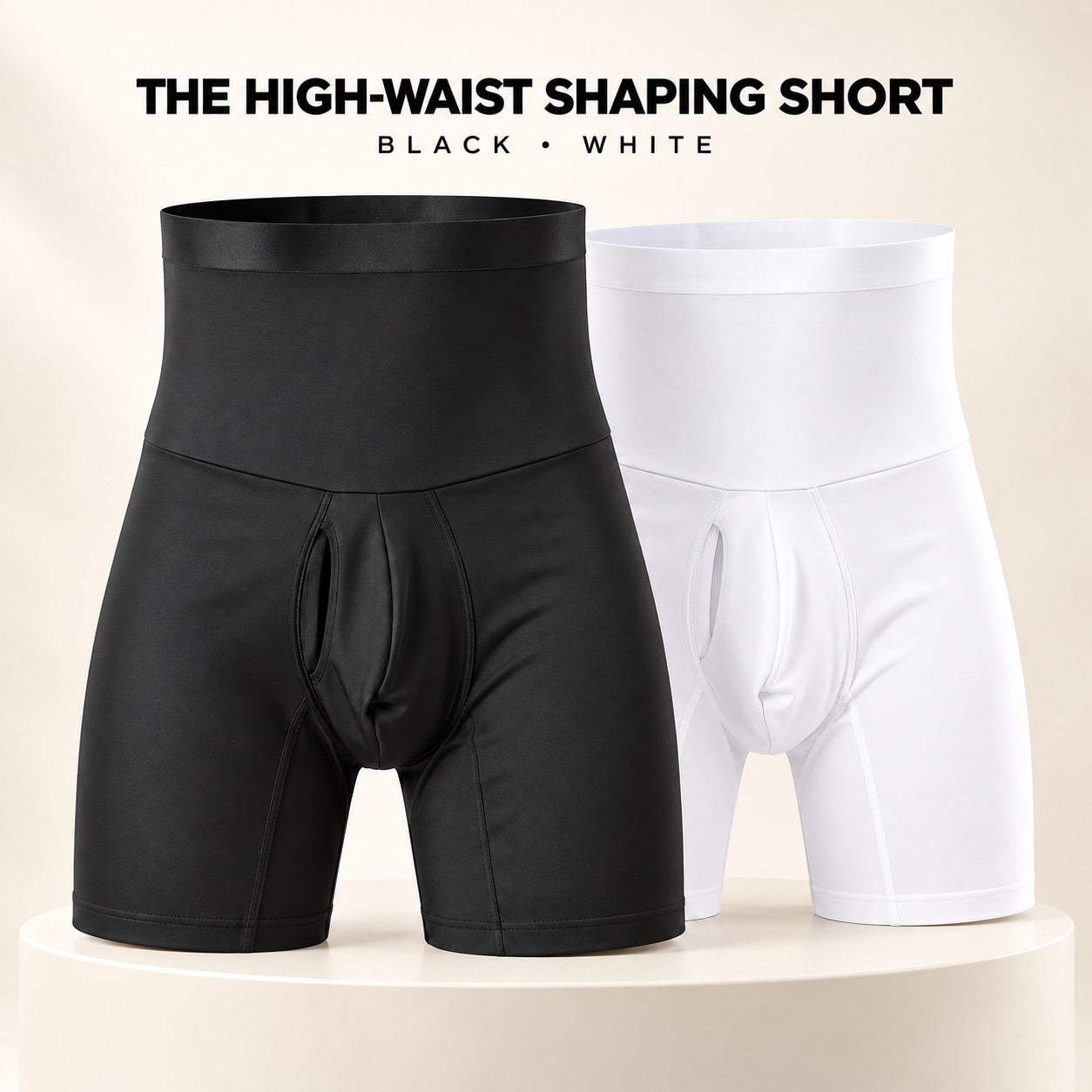 Black and white DEFYNMEN high-waist shaping shorts