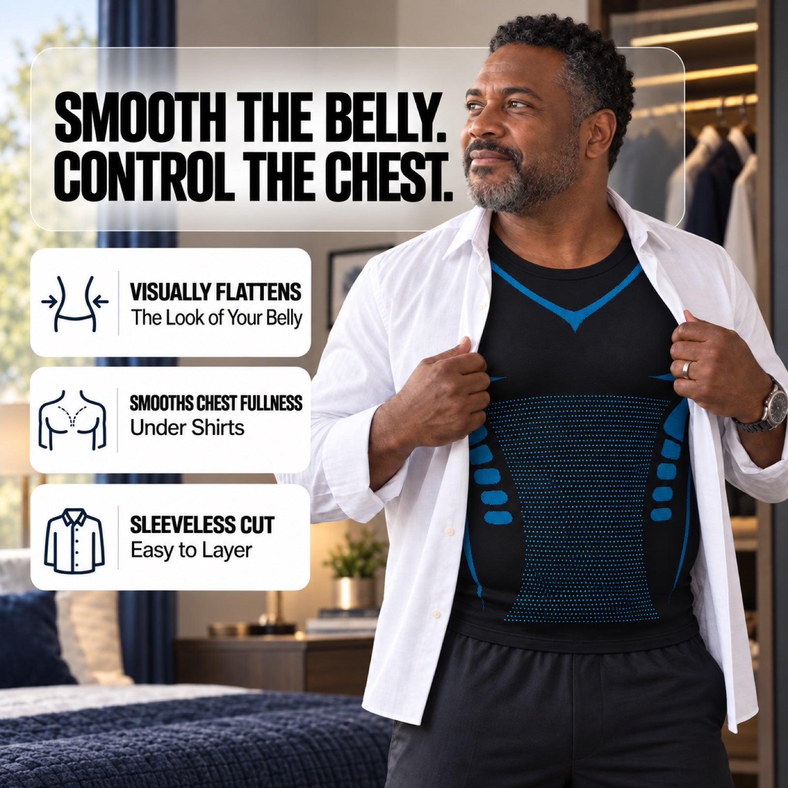 Mature man wearing a polo over the DEFYNMEN sleeveless compression tank