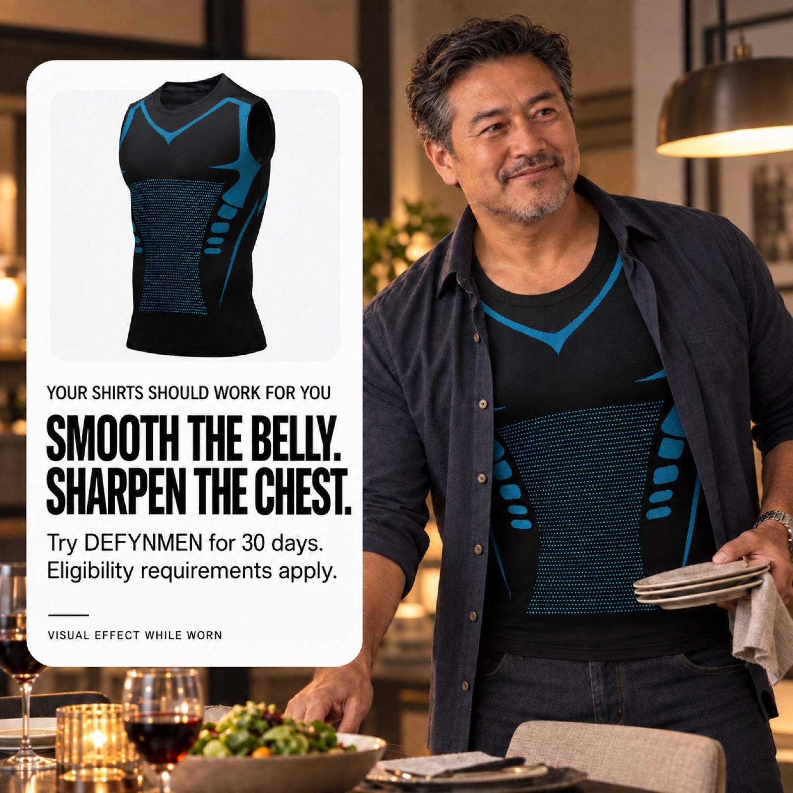 Asian American man wearing the DEFYNMEN sleeveless compression tank before dinner
