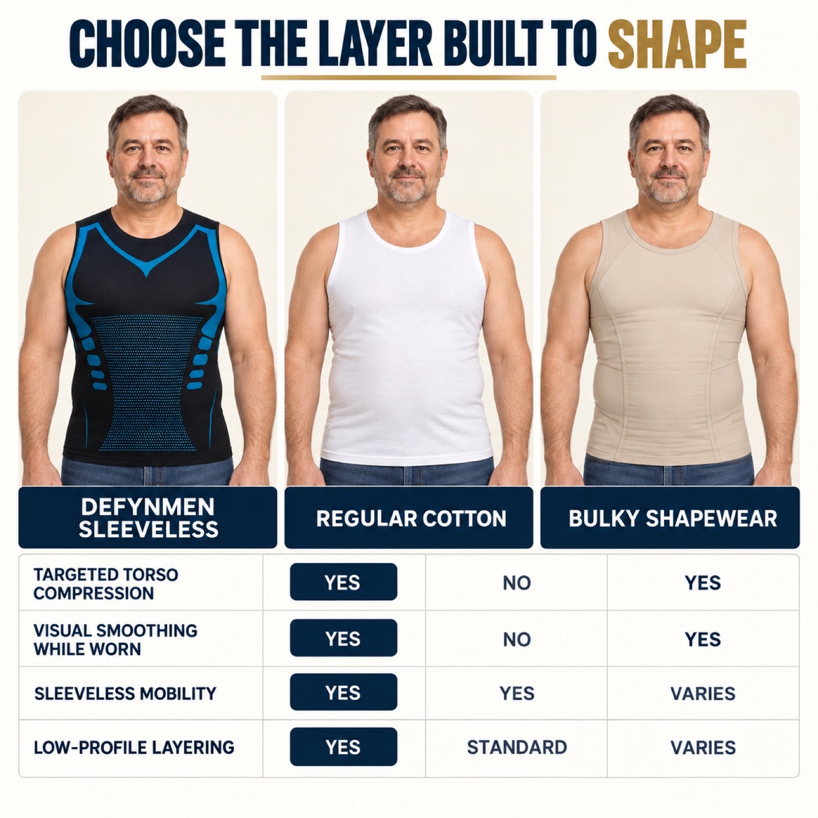Same man wearing an ordinary cotton undershirt and the purpose-built DEFYNMEN compression tank