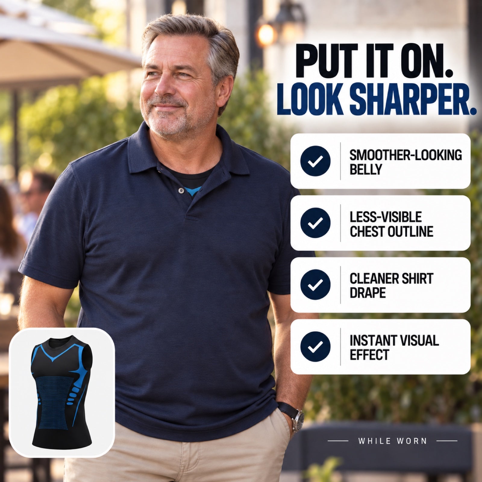 Mature American man wearing a polo over the DEFYNMEN sleeveless compression tank
