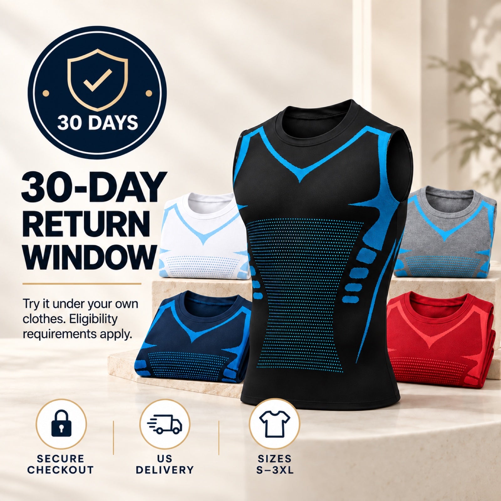 Black and white DEFYNMEN sleeveless compression tanks with neutral return-policy props
