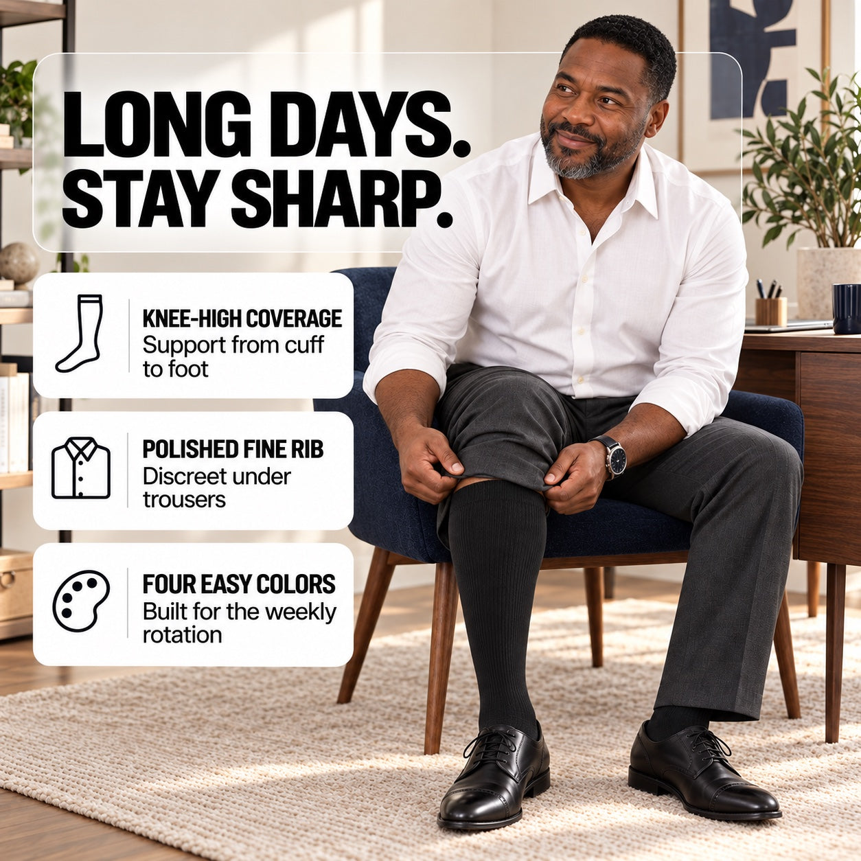 Man wearing knee-high support socks beside three everyday benefits
