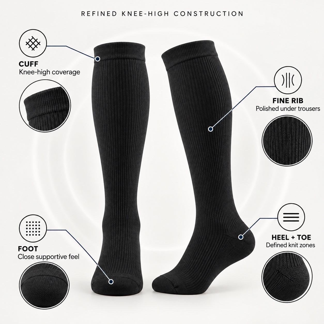 Technical view of the knee-high fine-rib sock construction