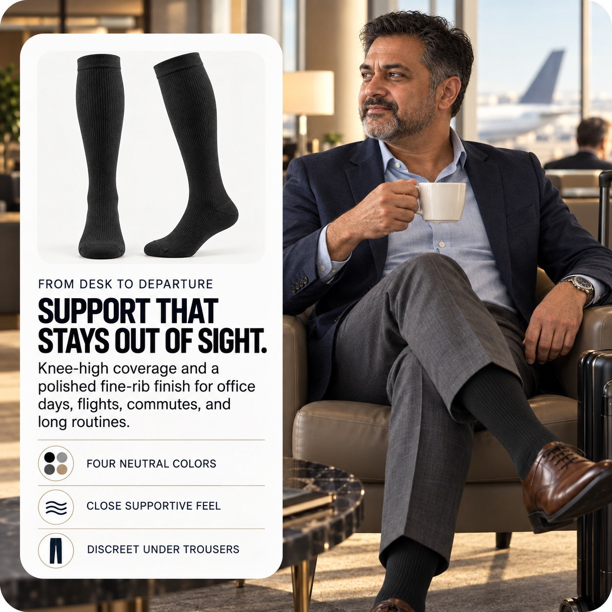 Knee-high support socks worn discreetly under trousers