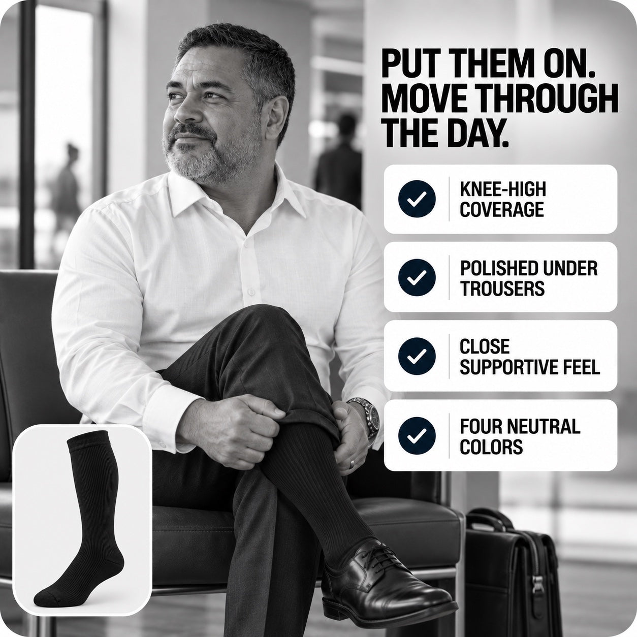 Mature American man beside four support sock benefits