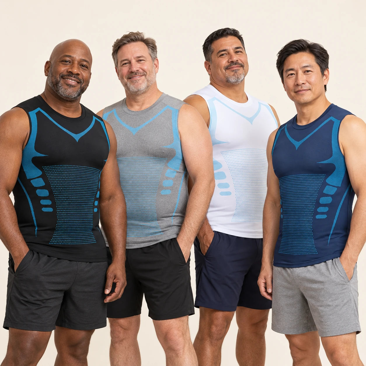 Realistic men wearing the DEFYNMEN sleeveless compression tank