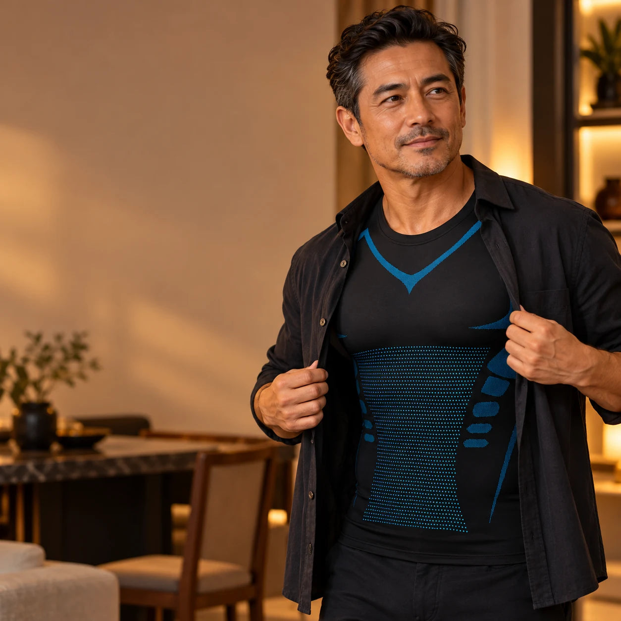 Man preparing to dress over the DEFYNMEN sleeveless compression tank