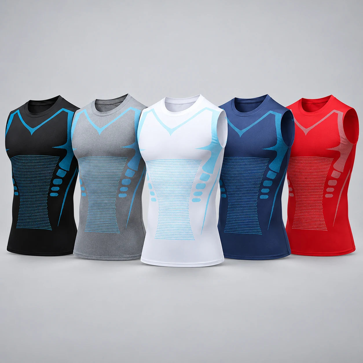 Black gray white navy and red DEFYNMEN sleeveless compression tanks with matching construction